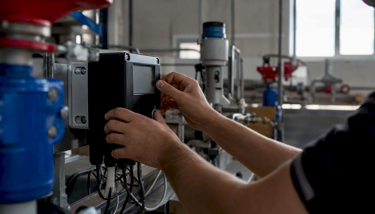 Ein Mitarbeiter bedient das Energie-Messgerät in der Anlage.