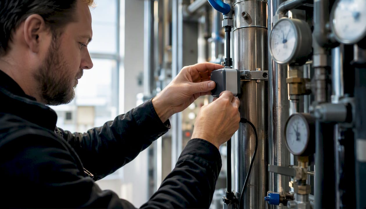 Ein Techniker bringt einen Energiemesssensor an.