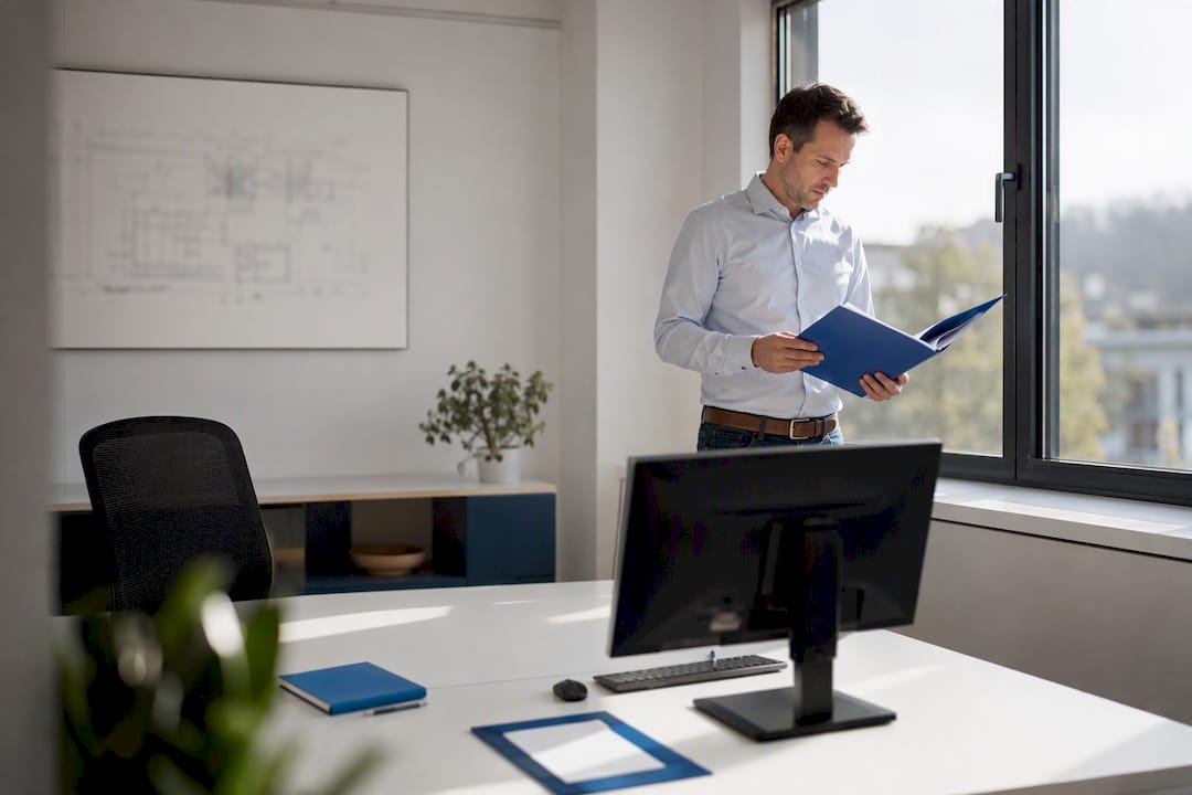 Arbeitsbereich mit Ordner für Förderunterlagen im Energiebereich