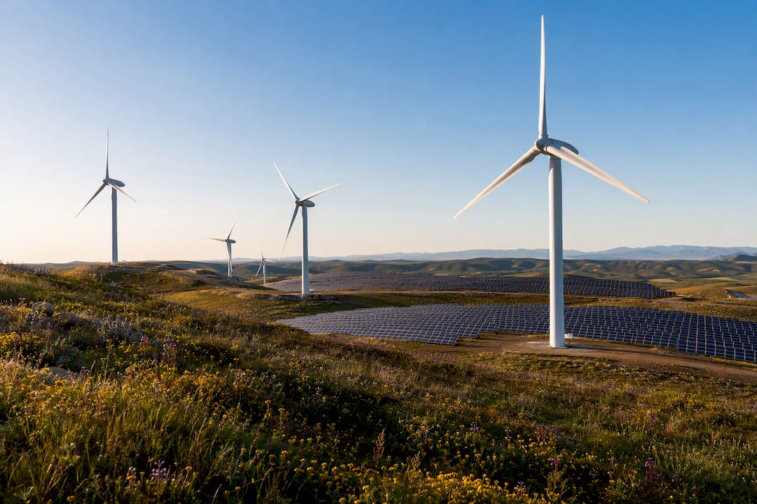 Bei Sonnenaufgang stehen Solarmodule und Windräder in der Morgendämmerung und fangen die ersten Strahlen des Tages ein.