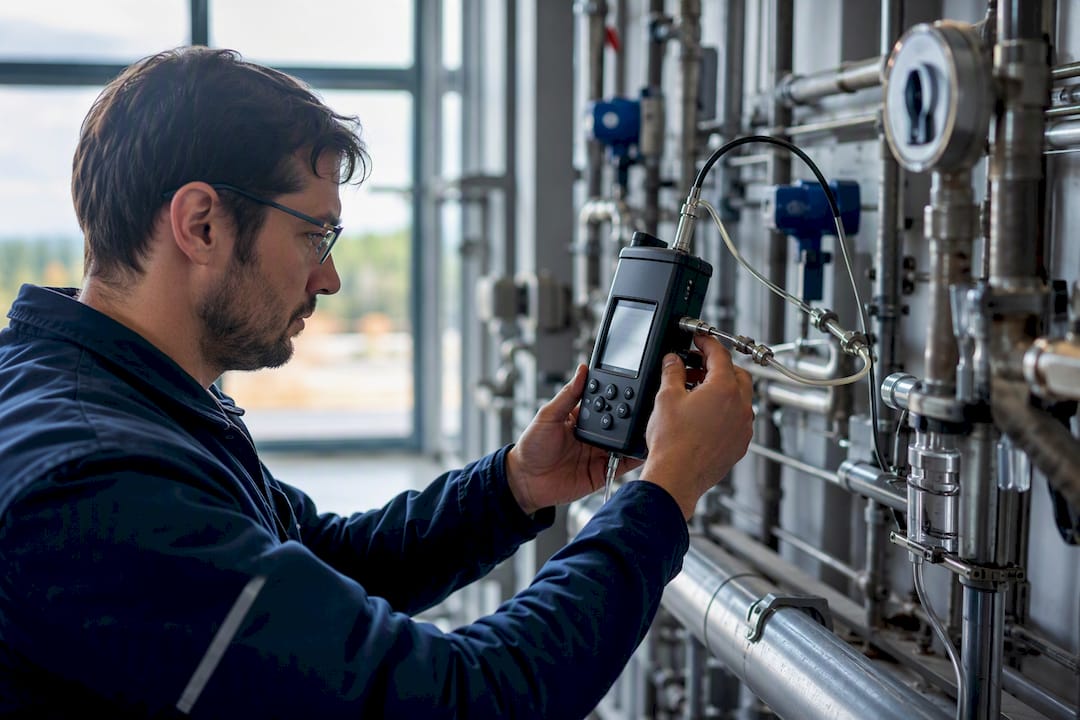 Ein Ingenieur überprüft die CO2-Emissionen von Rohrleitungen mit speziellen Messgeräten.