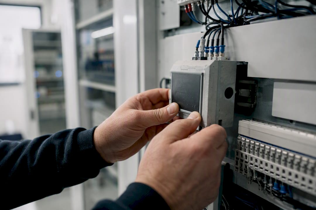 Hände justieren einen Energiemanagement-Sensor