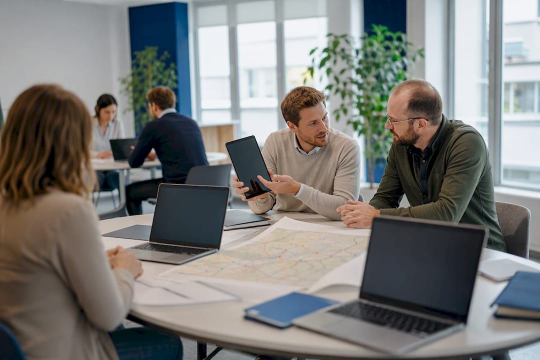 Arbeitsplatz mit Energieplanungs-Tools und digitalem Tablet