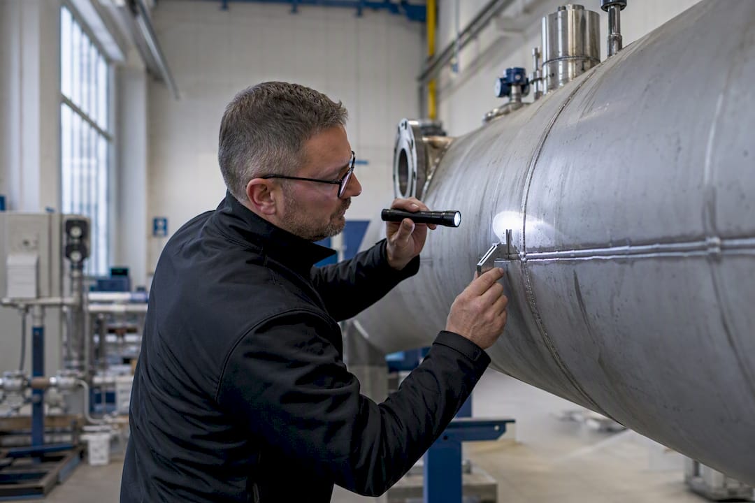 Techniker überprüft die Oberfläche eines Druckbehälters