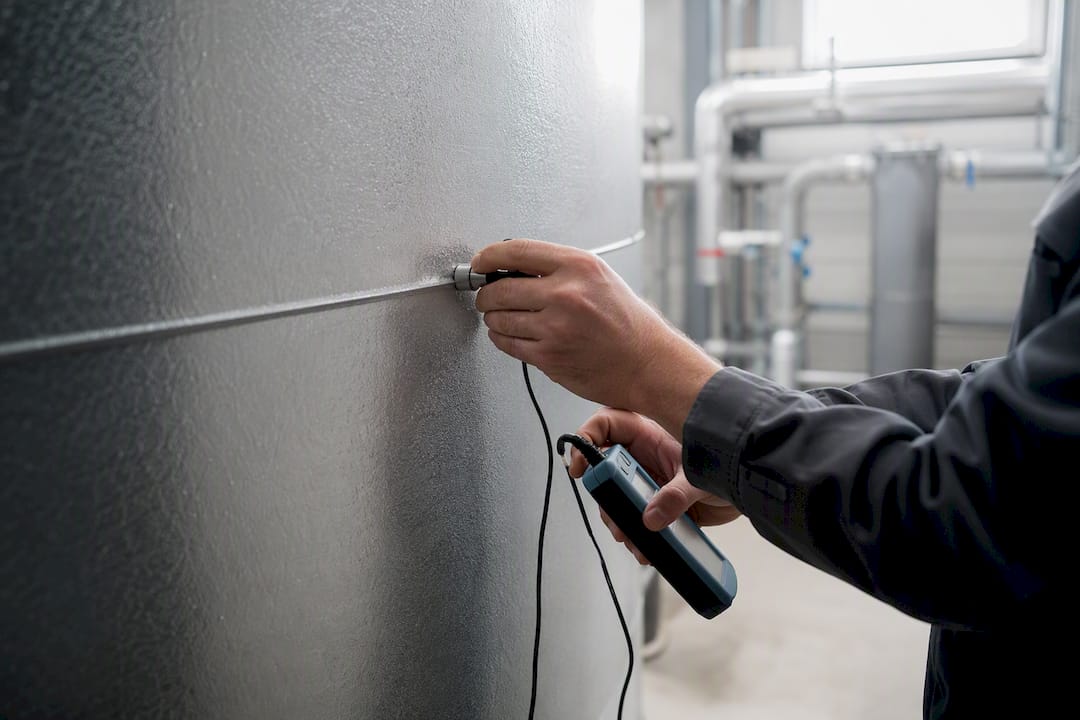 Hände, die ein Ultraschallmessgerät an einem Druckbehälter anbringen