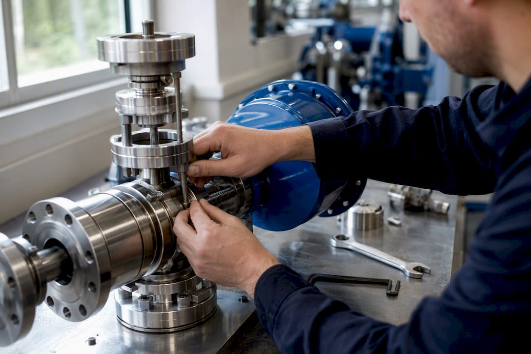 Hände, die ein energiesparendes Ventil in einer Industrieanlage einstellen