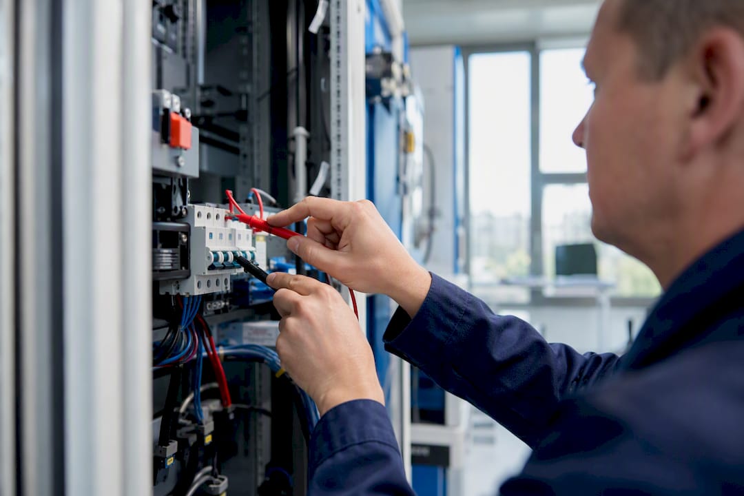 Techniker überprüft Sicherheitsvorrichtung eines Energiesystems