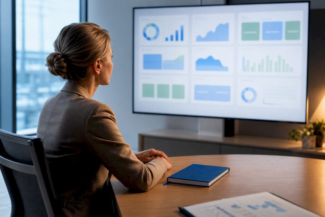 ESG-Dashboard mit Energiekennzahlen im Beratungszimmer