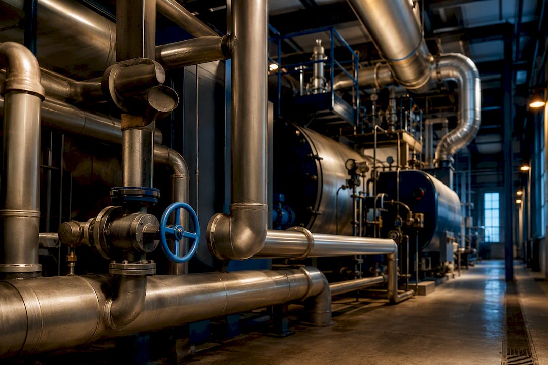 Industrielle Dampfkesselanlage mit Rohrleitungen