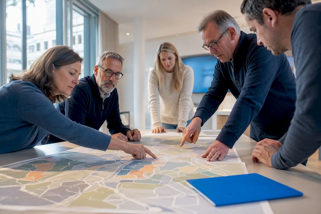Alle Beteiligten überprüfen gemeinsam einen Wärmeplan
