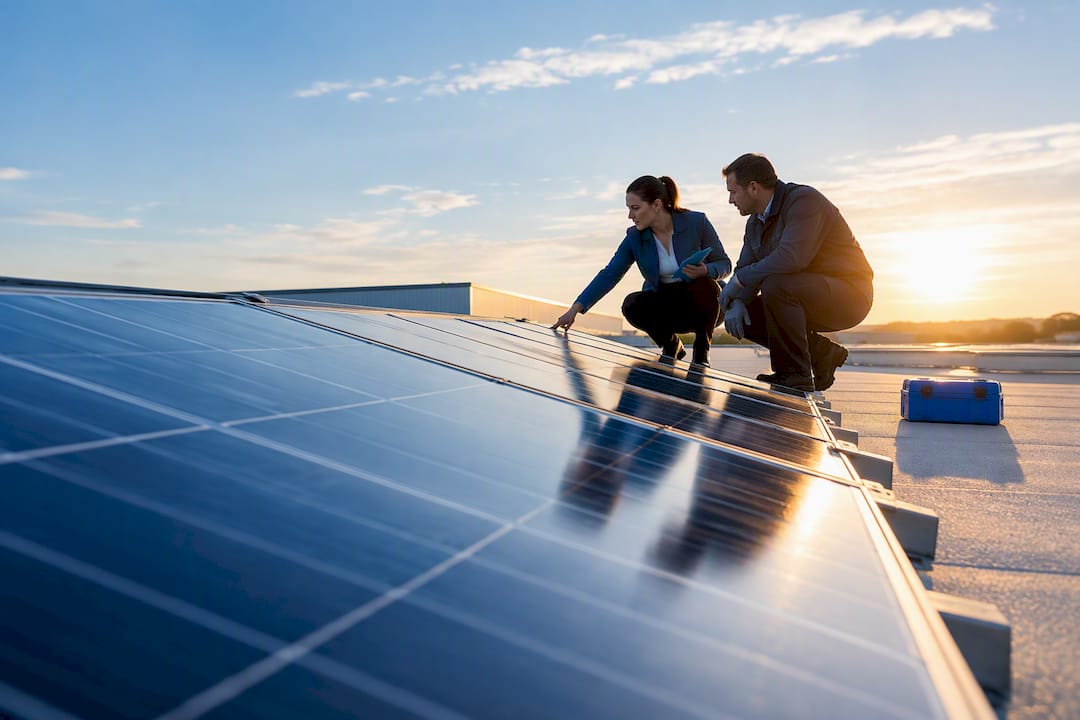 Techniker kontrollieren Photovoltaikanlage auf dem Dach eines Gewerbegebäudes