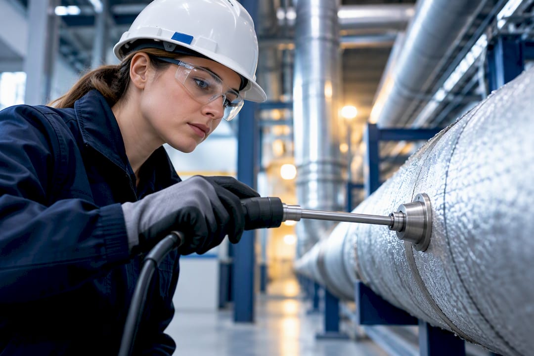 Technikerin überprüft industrielle Abgasmesssonde