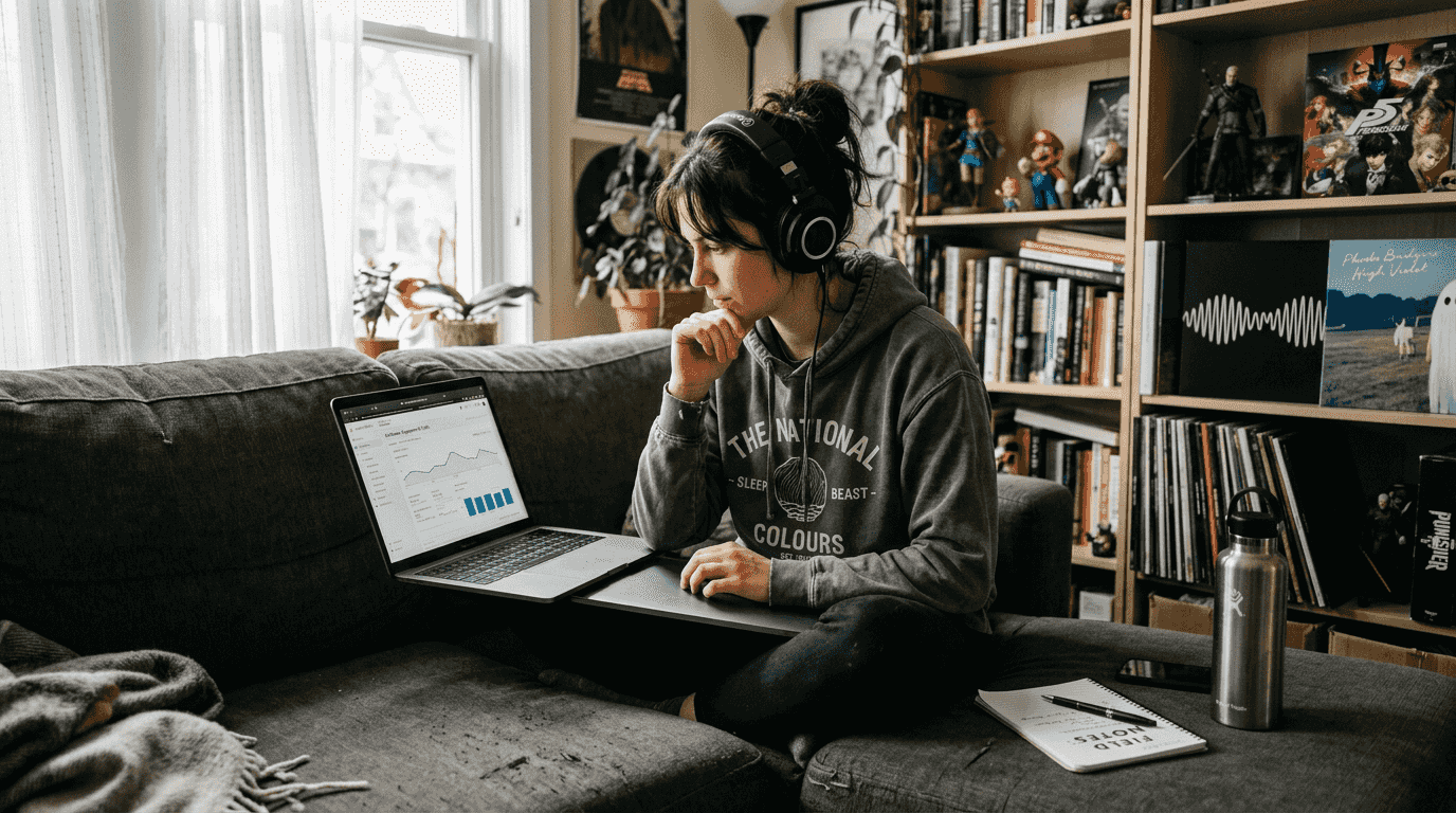 Woman studying social media analytics at home