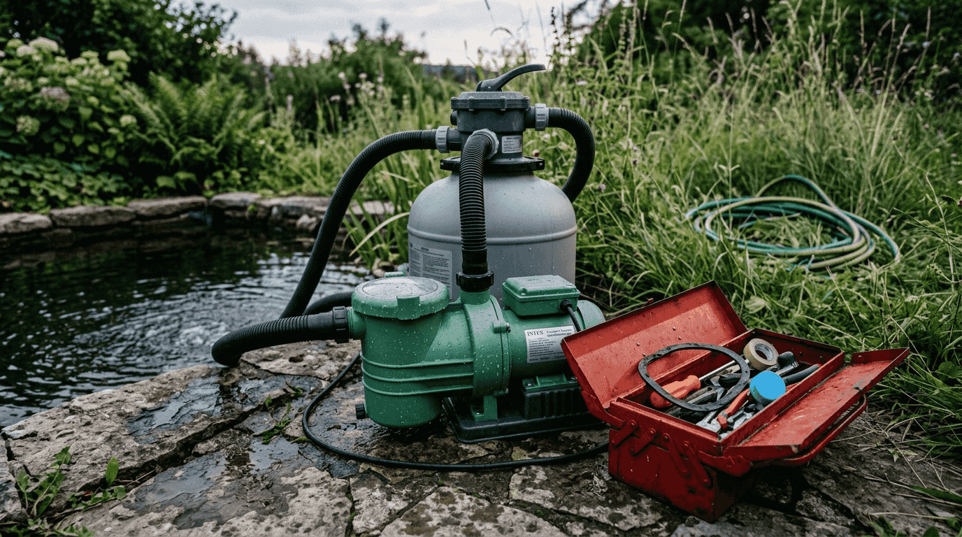 Blick auf die Sandfilteranlage und den Sandfilter direkt am Pool