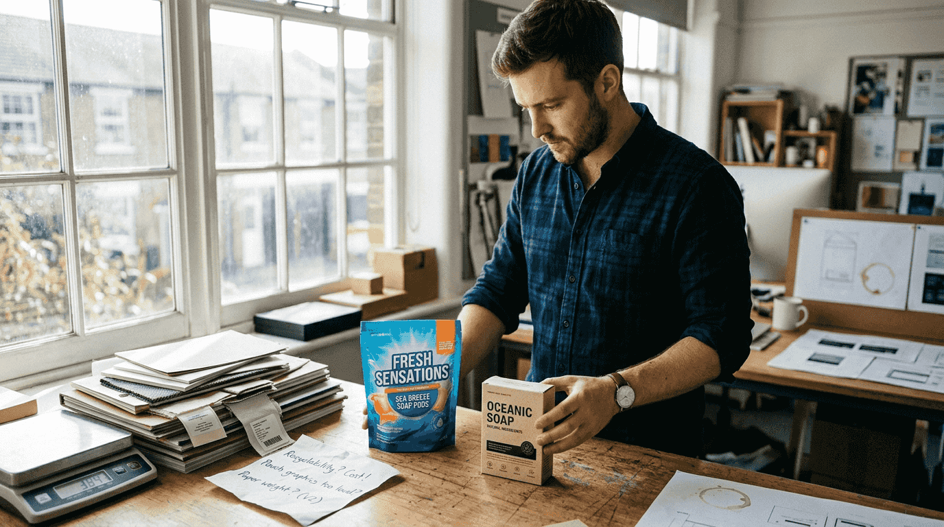 Designer comparing paper and plastic packaging prototypes