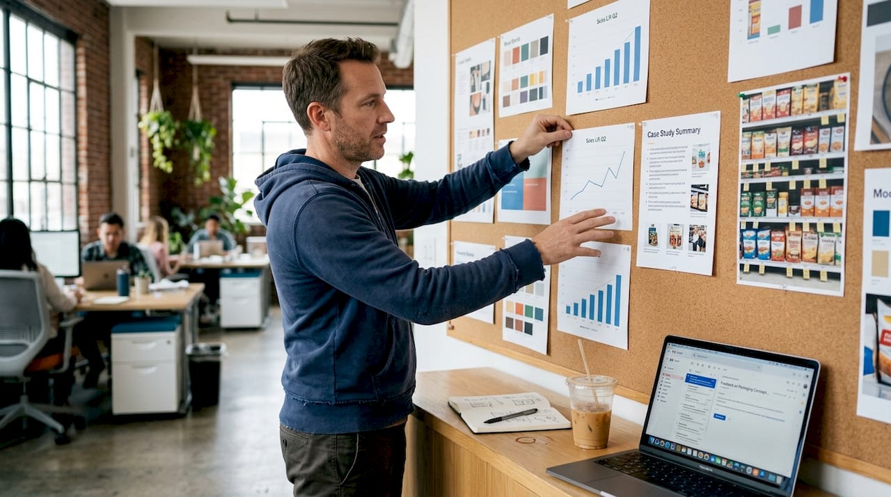 Designer presenting packaging project outcomes board