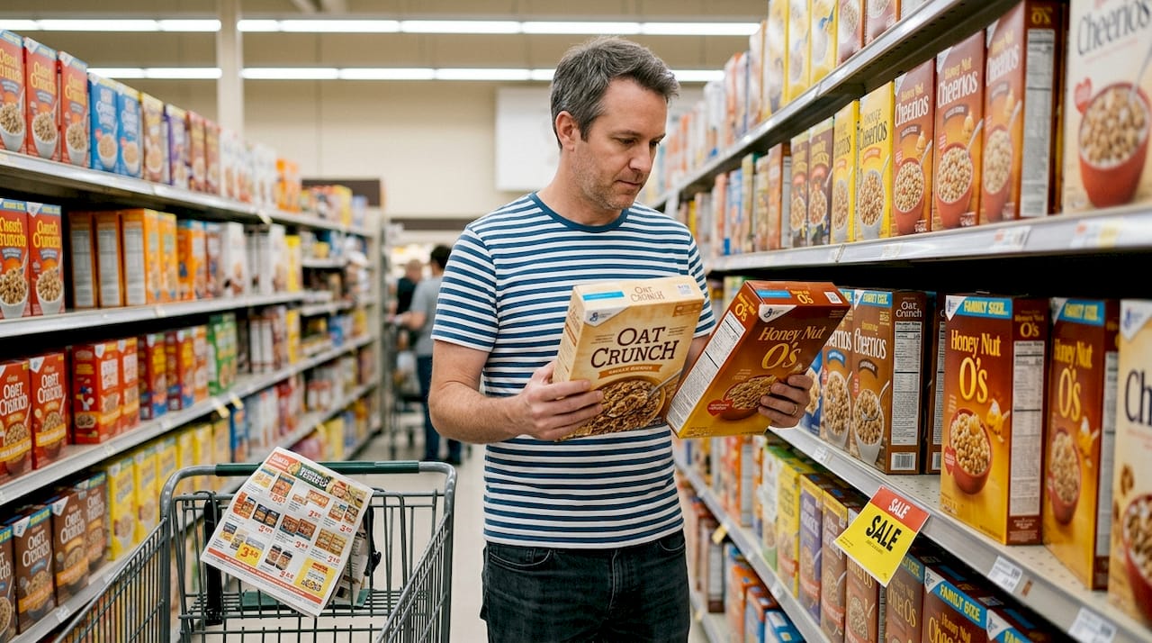 Shopper comparing packaging designs at supermarket