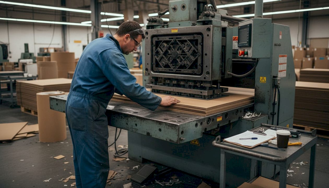 Technician calibrates flatbed die-cutting equipment
