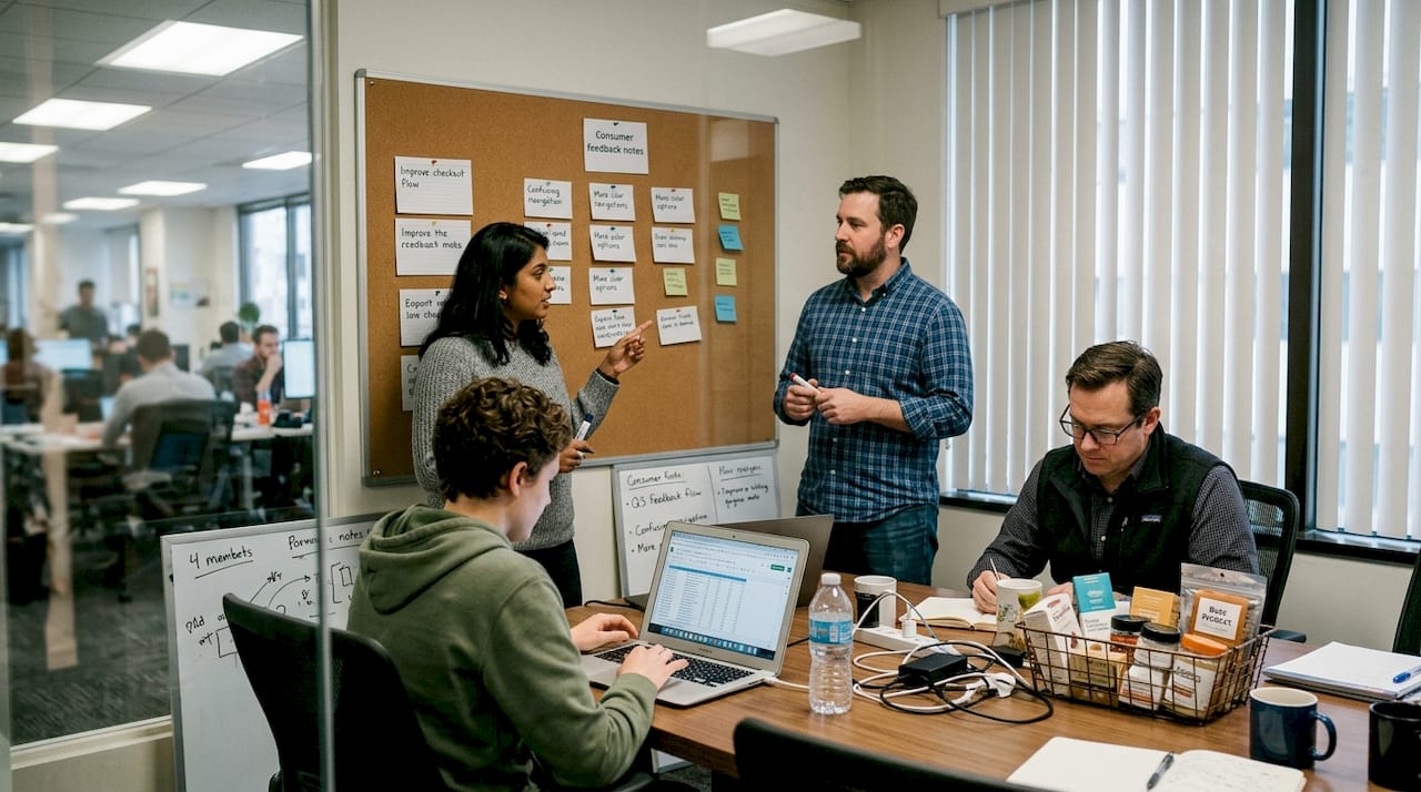 Team analyzing consumer feedback and product samples