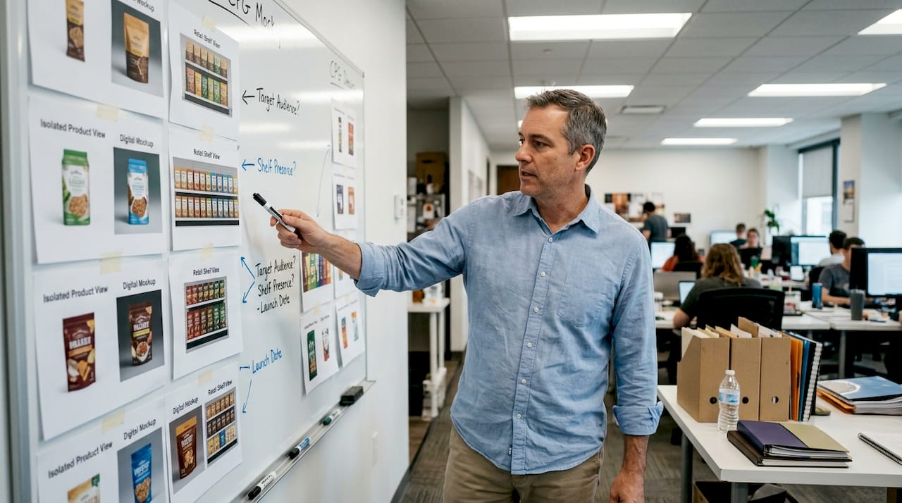 Manager compares packaging mockup types on board