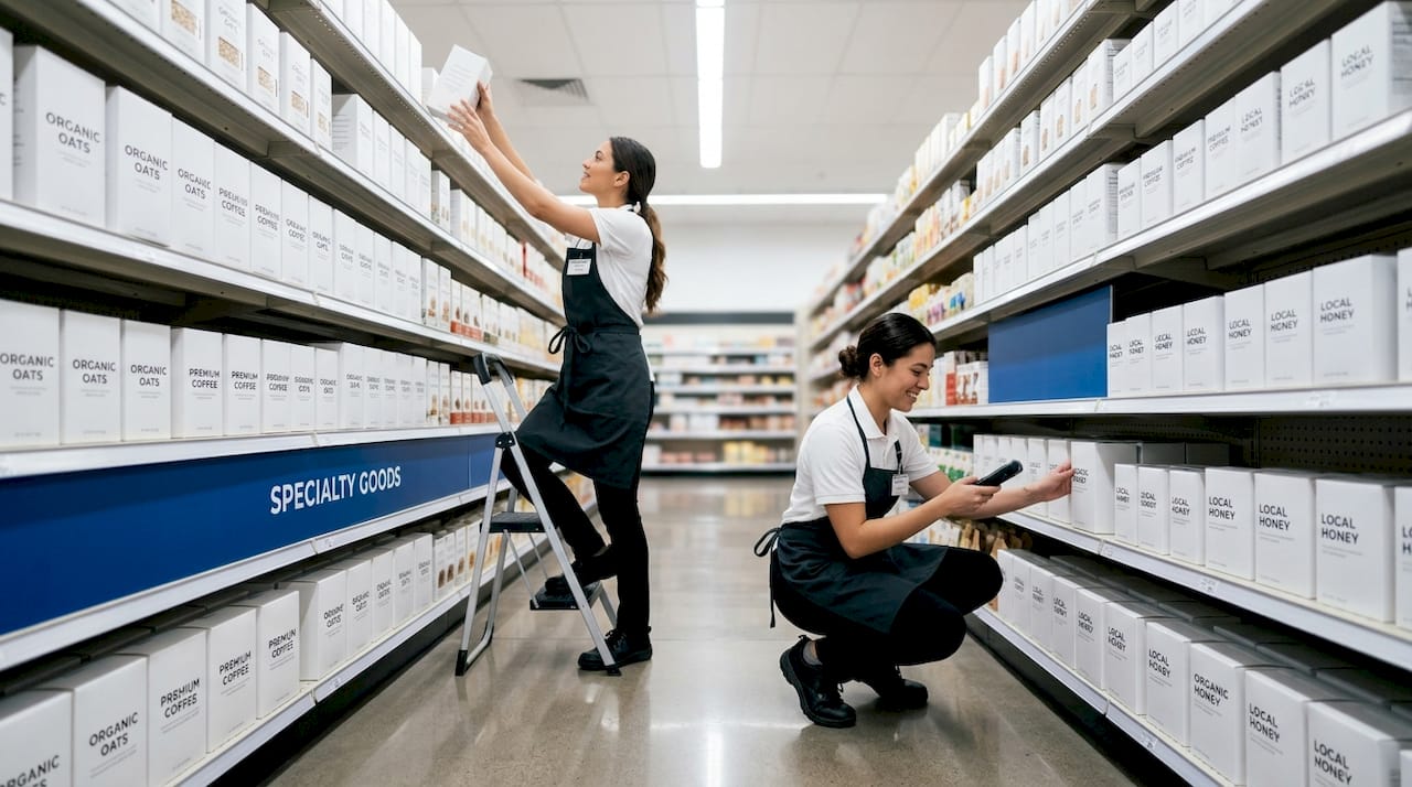 Minimalist packaging lined up on store shelf
