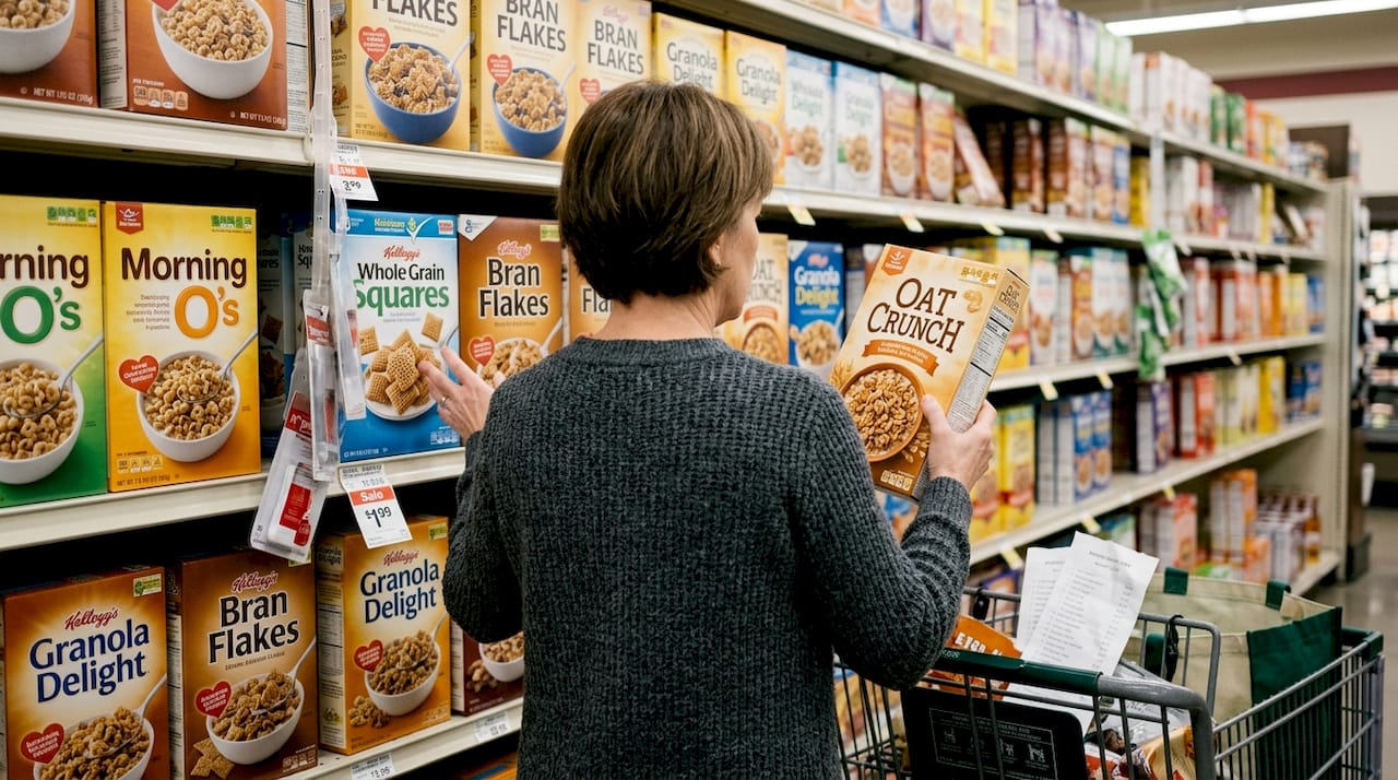 Shopper comparing packaging with bold typography