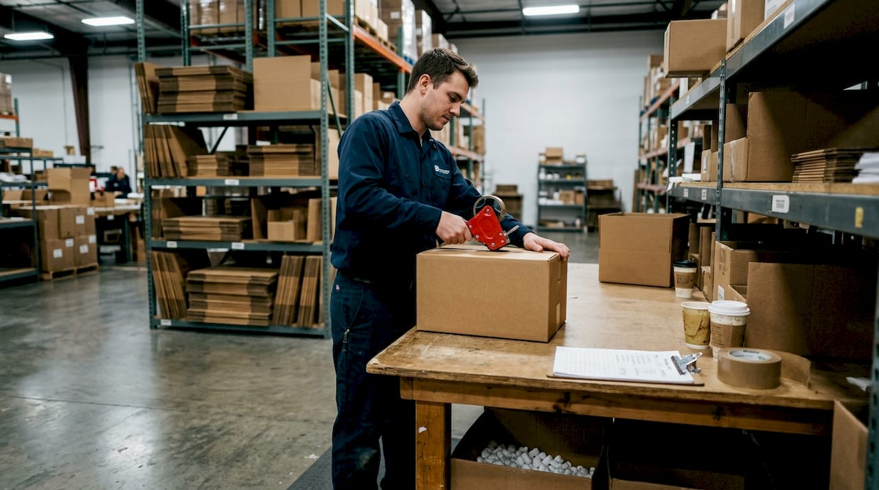 Warehouse worker sealing right-sized shipping box