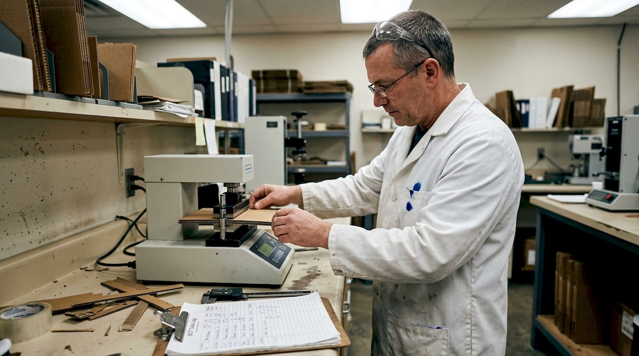 Technician testing packaging strength in lab
