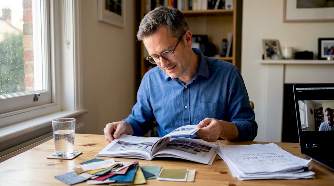 Founder examining designer portfolio at home office table