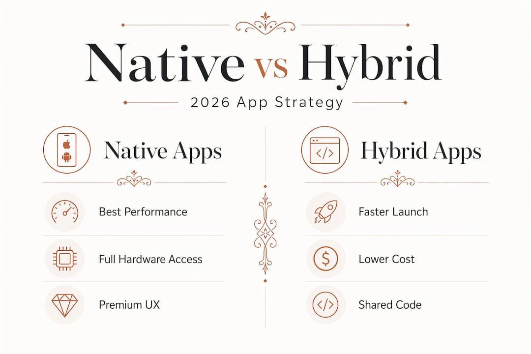 Infographic comparing native and hybrid mobile app features