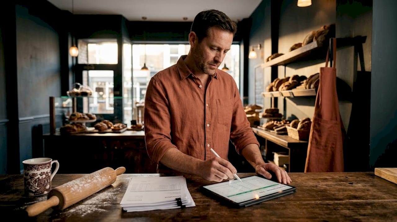 Bakery owner updating business paperwork