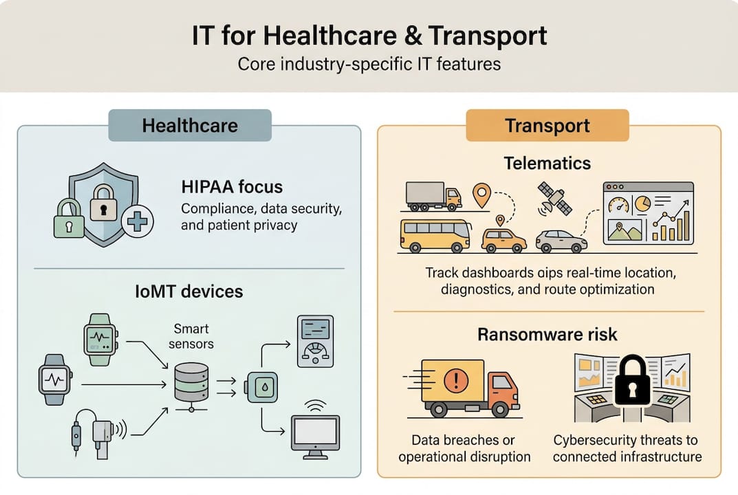 Infographic comparing healthcare and transport IT solutions