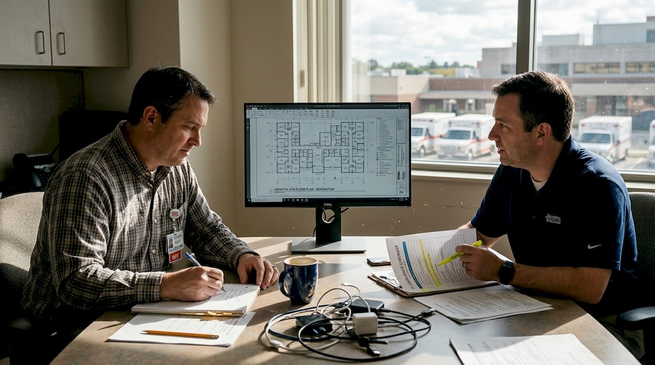 IT team reviewing compliance checklist in hospital office