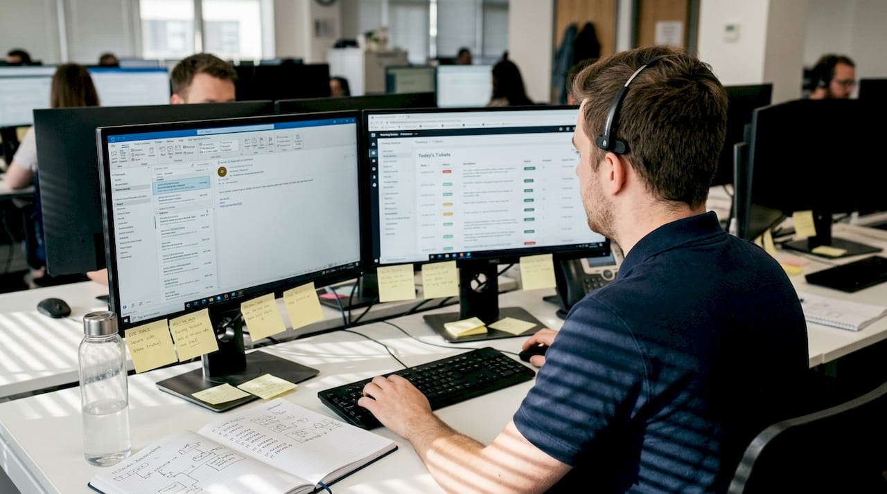 Service desk analyst working at dual monitors