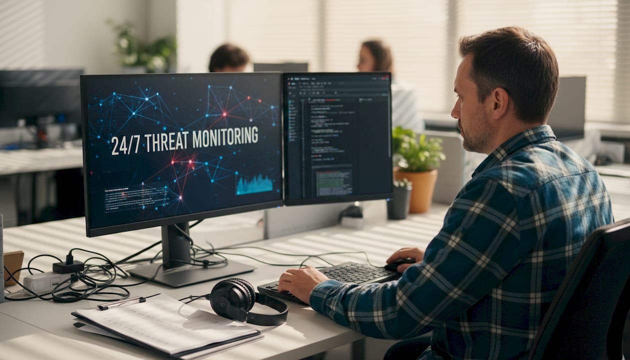 Security analyst reviews threat monitoring dashboard