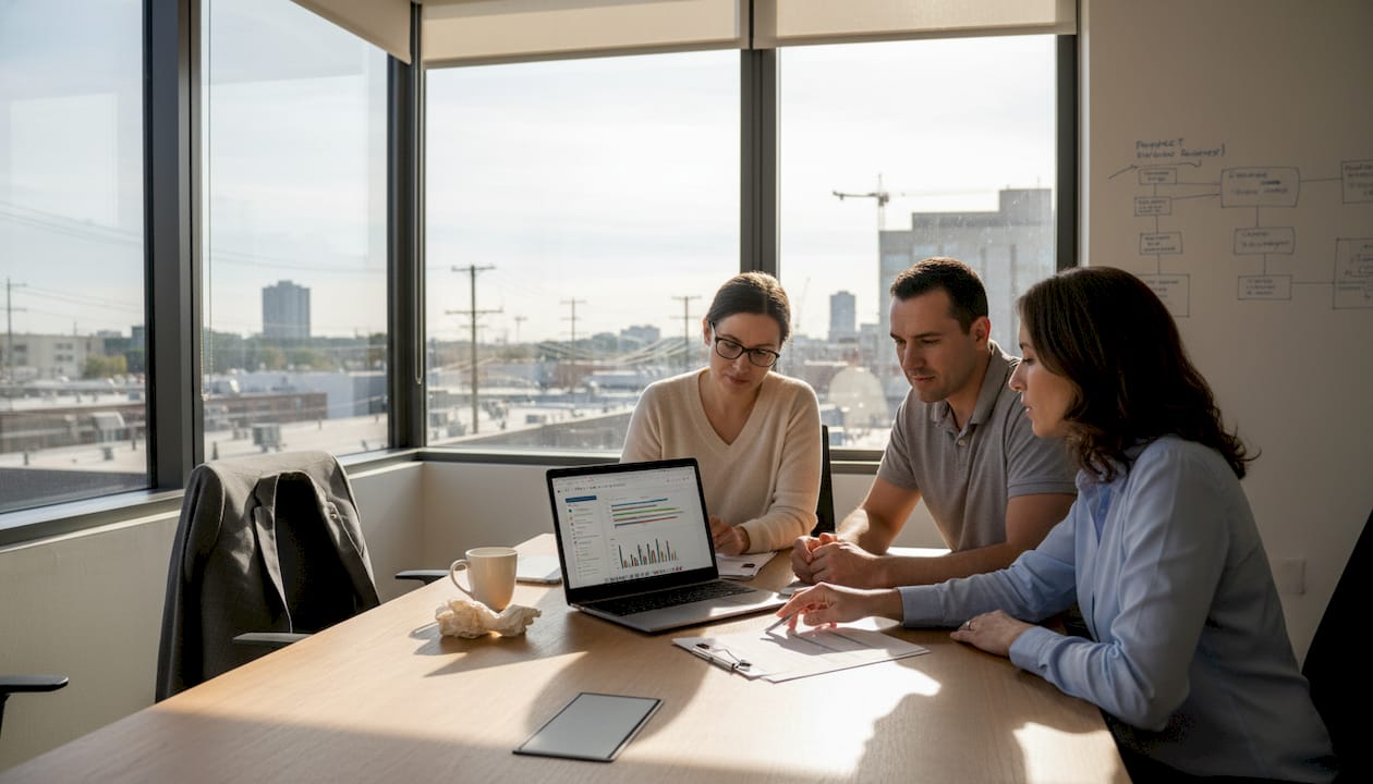 IT leader team reviews checklist in office
