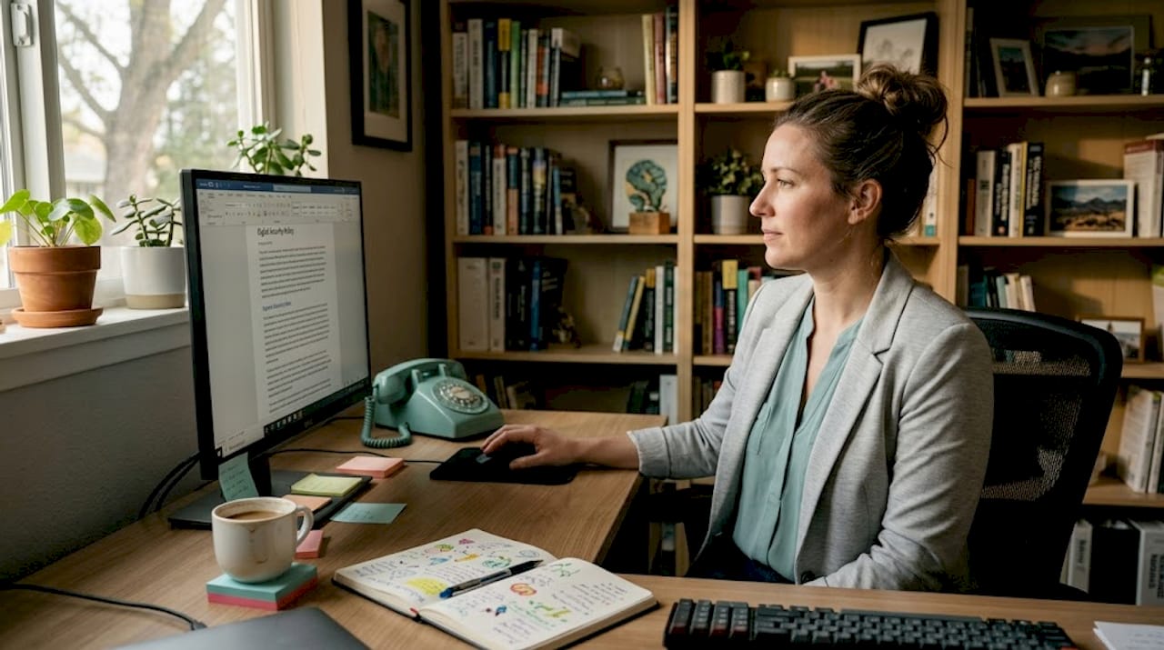 IT manager reviews security policy at desk