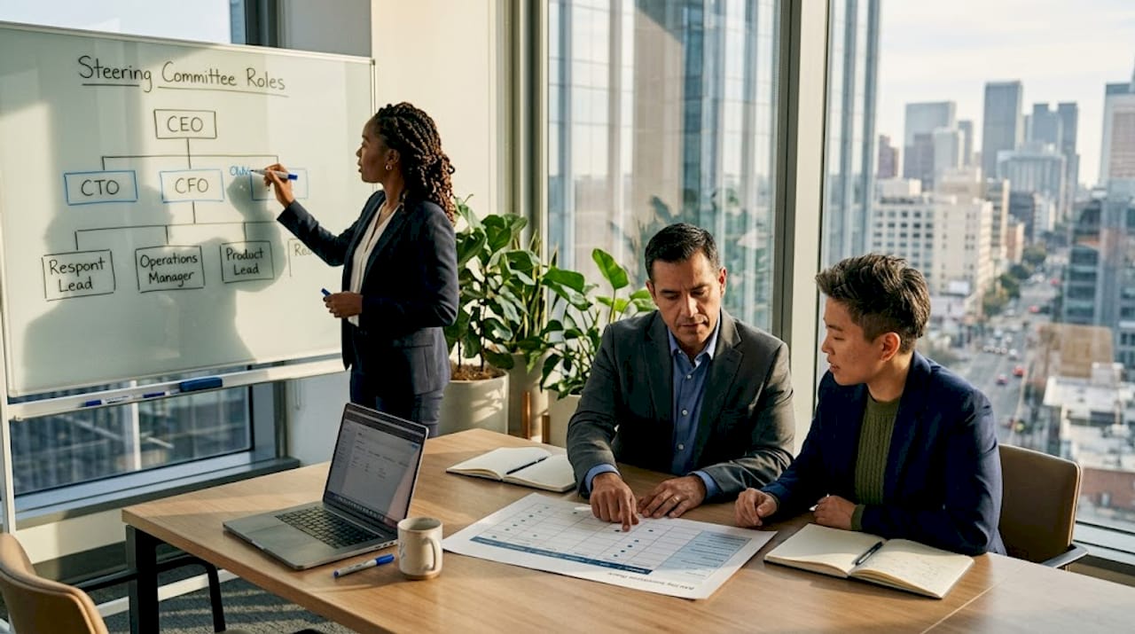 Leaders assigning roles on whiteboard in boardroom