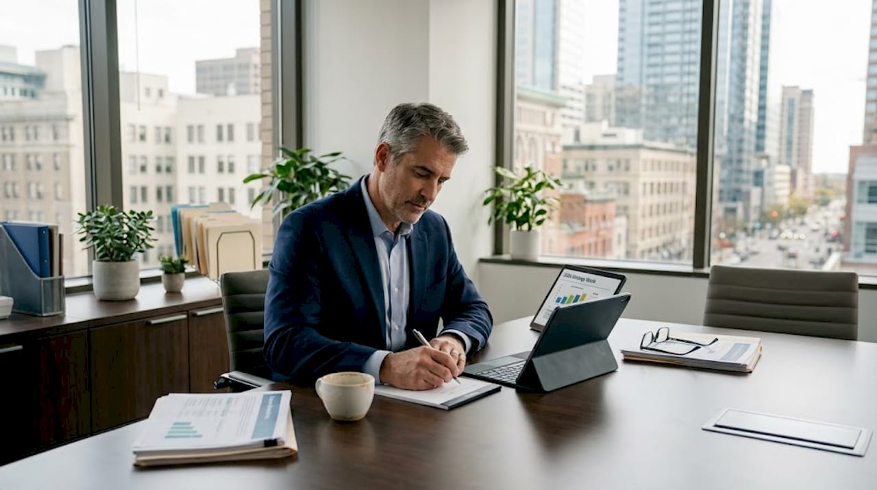 Executive outlining digital strategy with reports