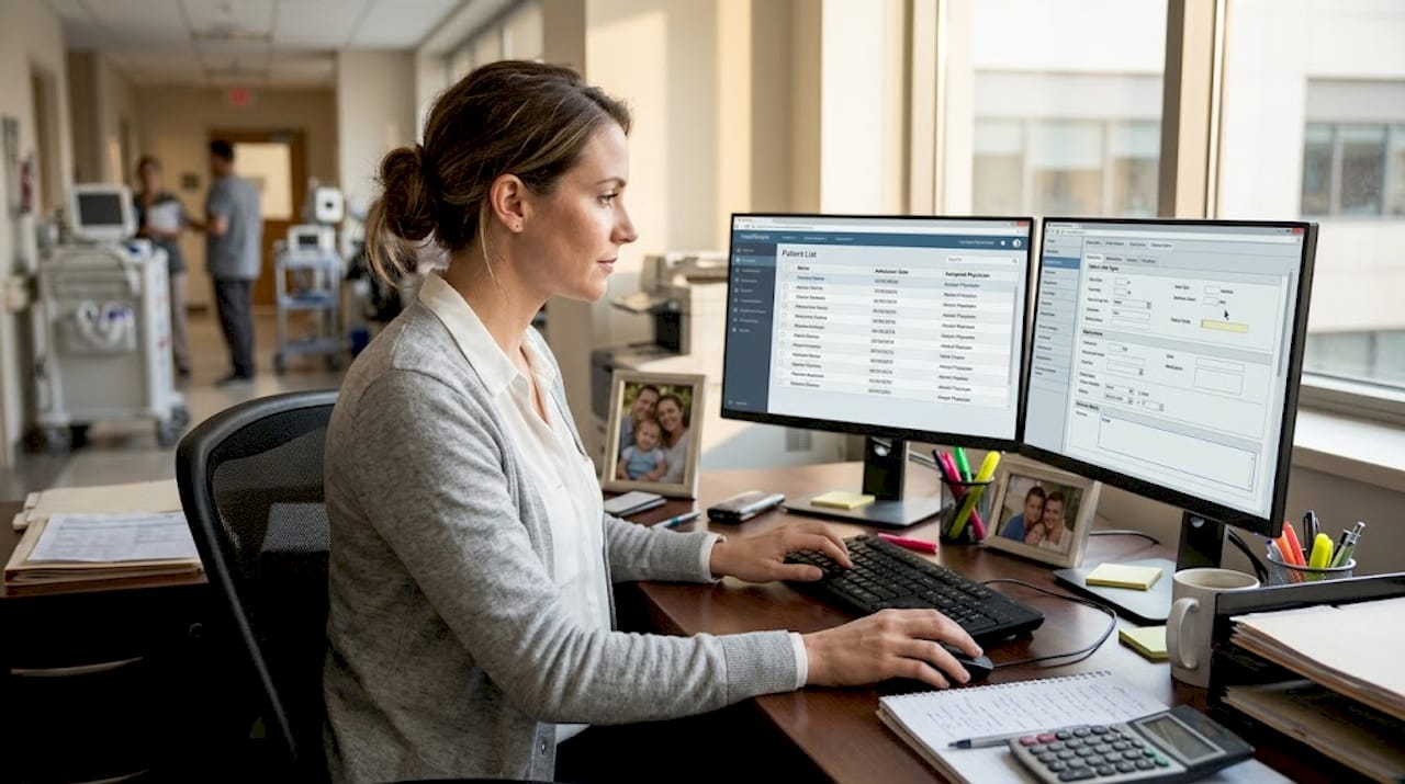 Administrator updates digital health records at workstation