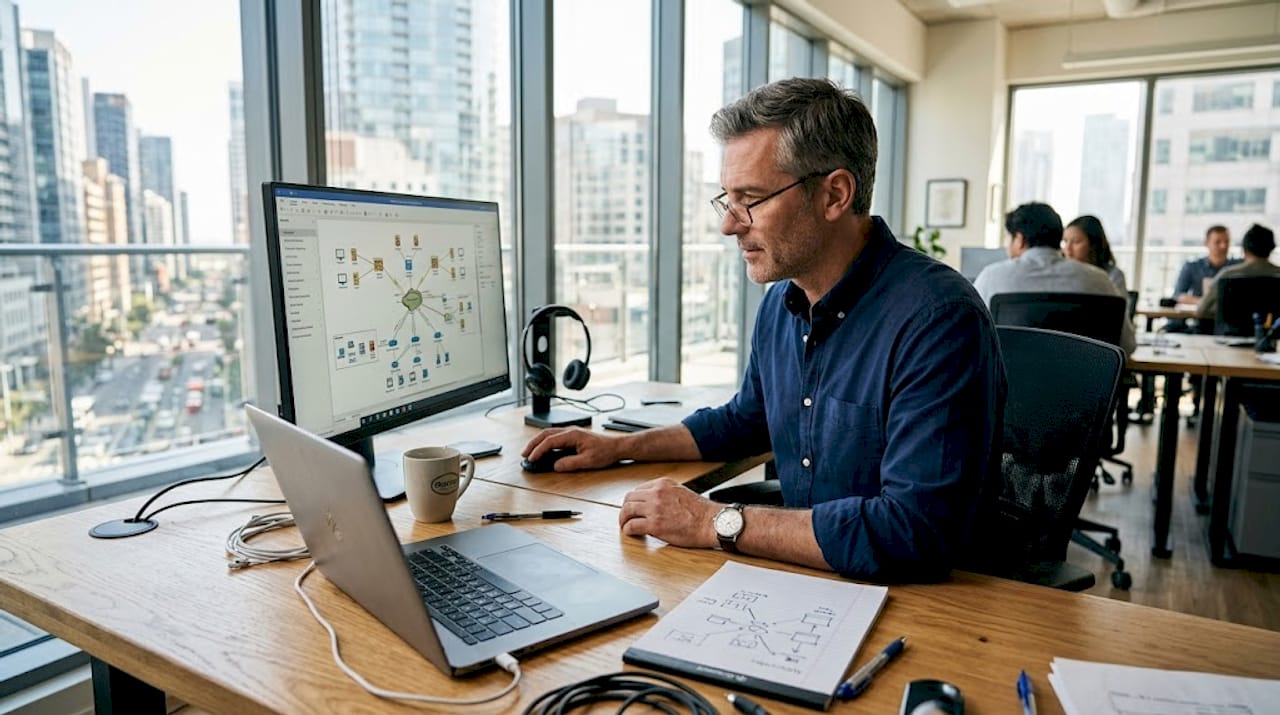 IT director reviews network diagram in office