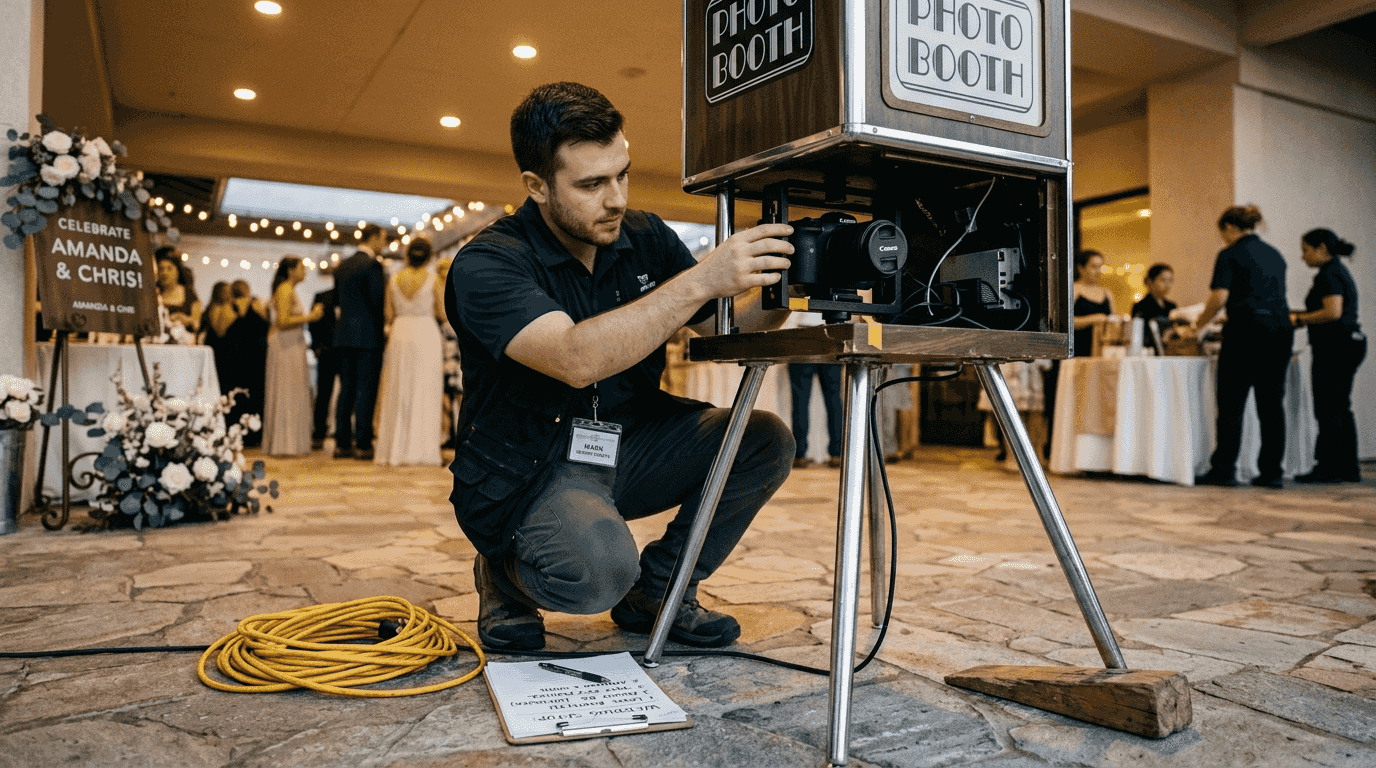 Technician stabilizing resort photo booth setup