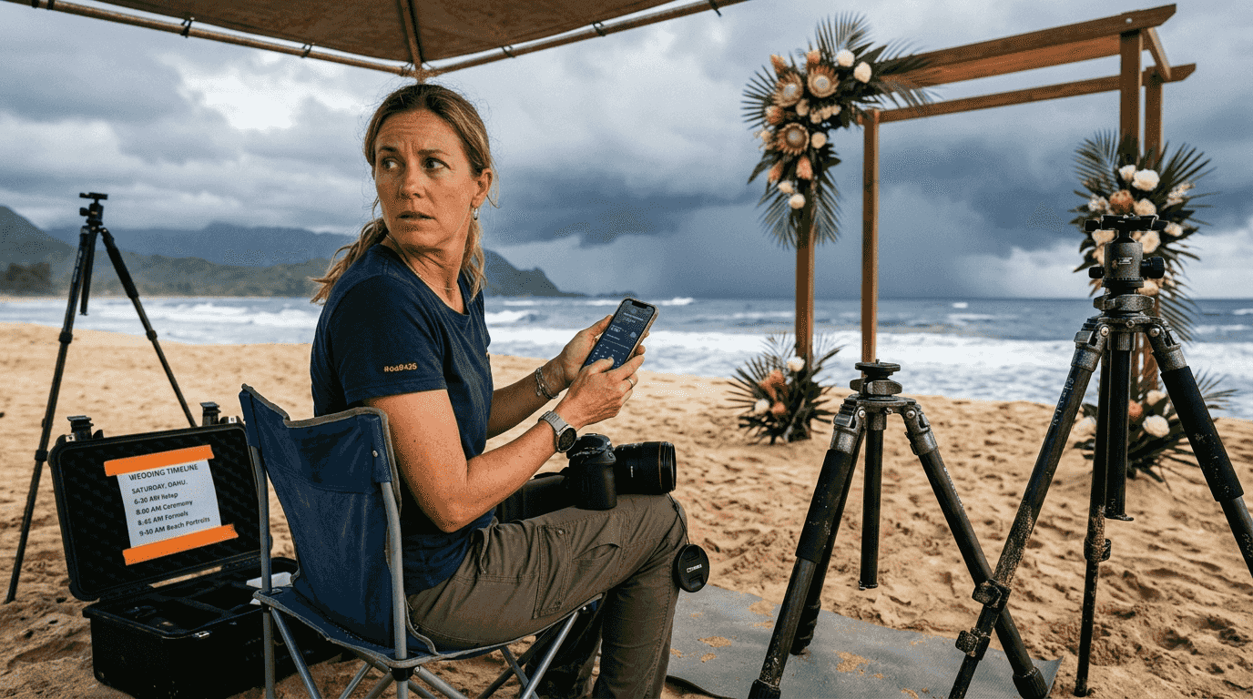 Photographer planning beachside shoot with weather concerns