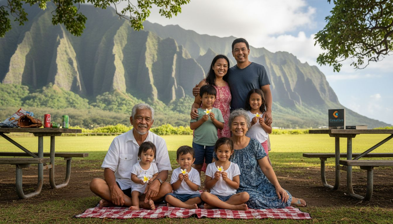 Large family posing in Oahu park setting