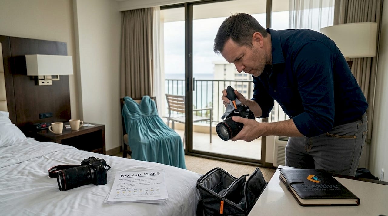 Photographer preparing camera gear before rain