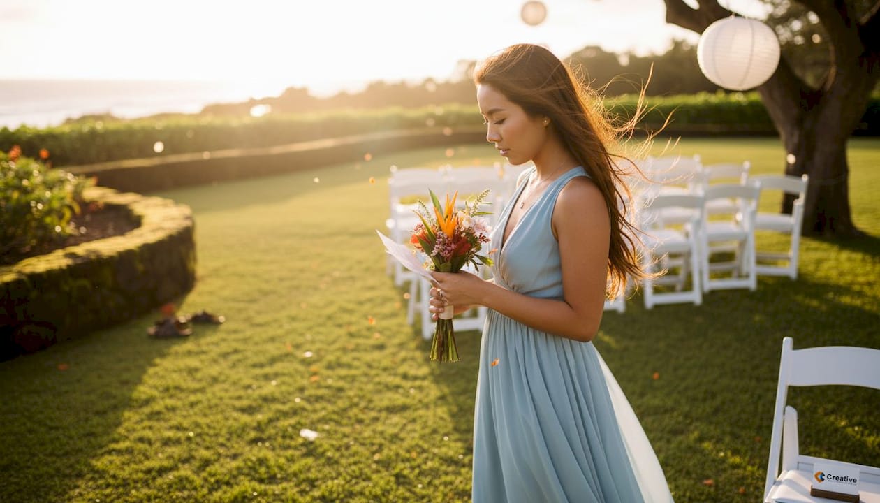 Guest reading card in golden hour event light