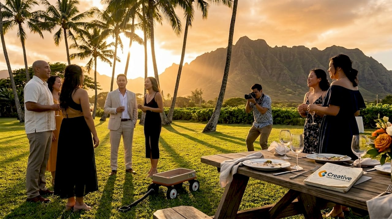Wedding group at Oahu venue during sunset