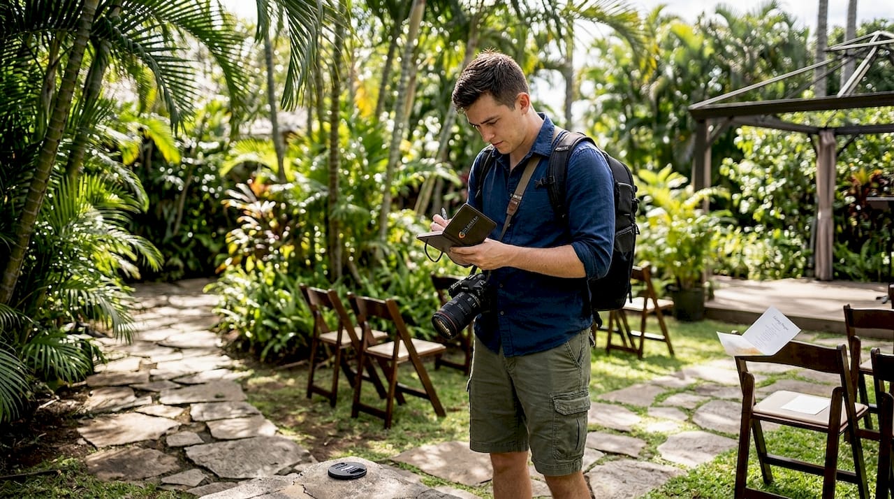 Photographer preparing at Hawaii outdoor venue