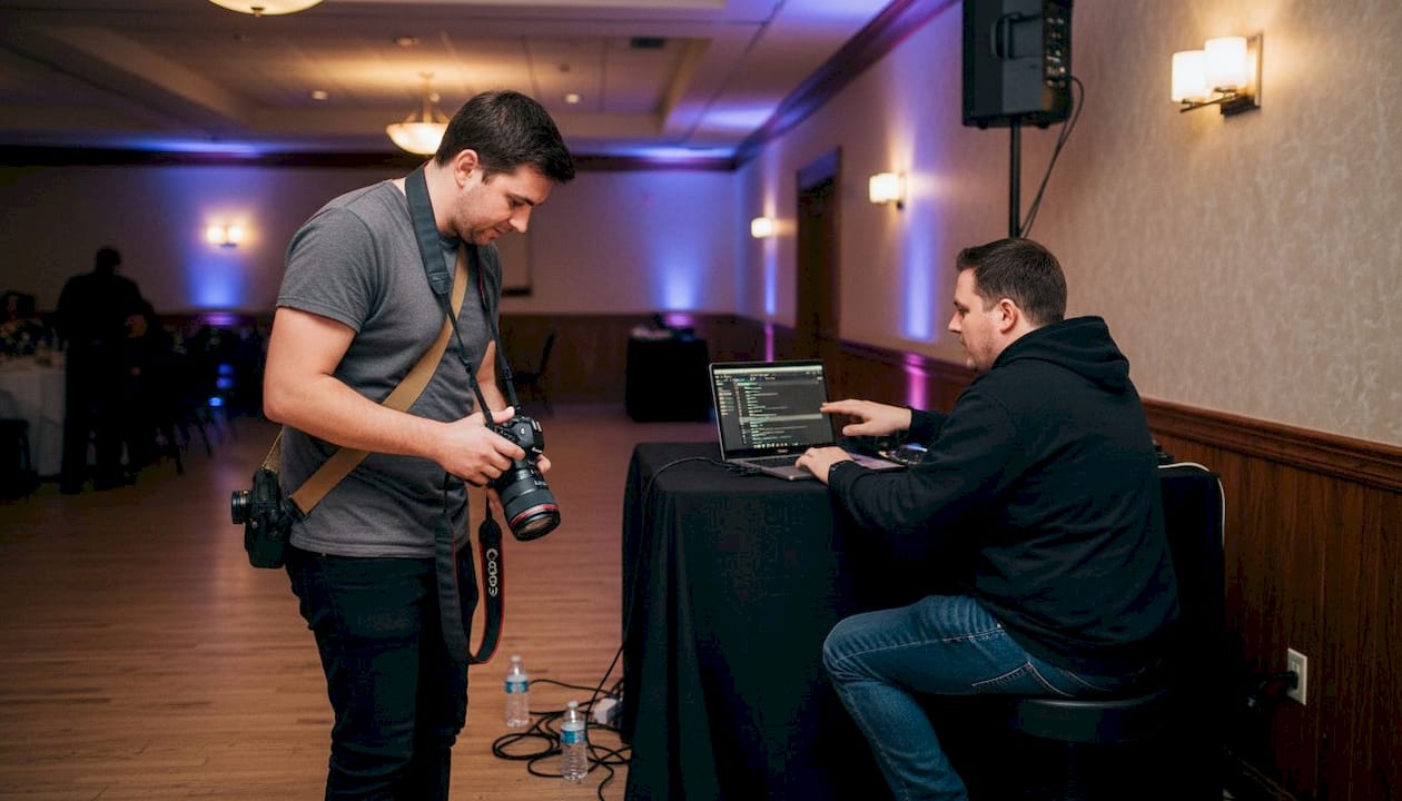 Videographer collaborating with DJ at event