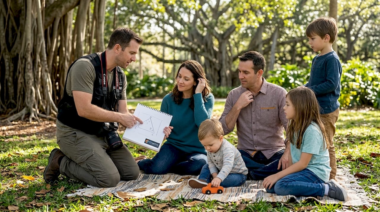 Photographer guiding family triangle posing